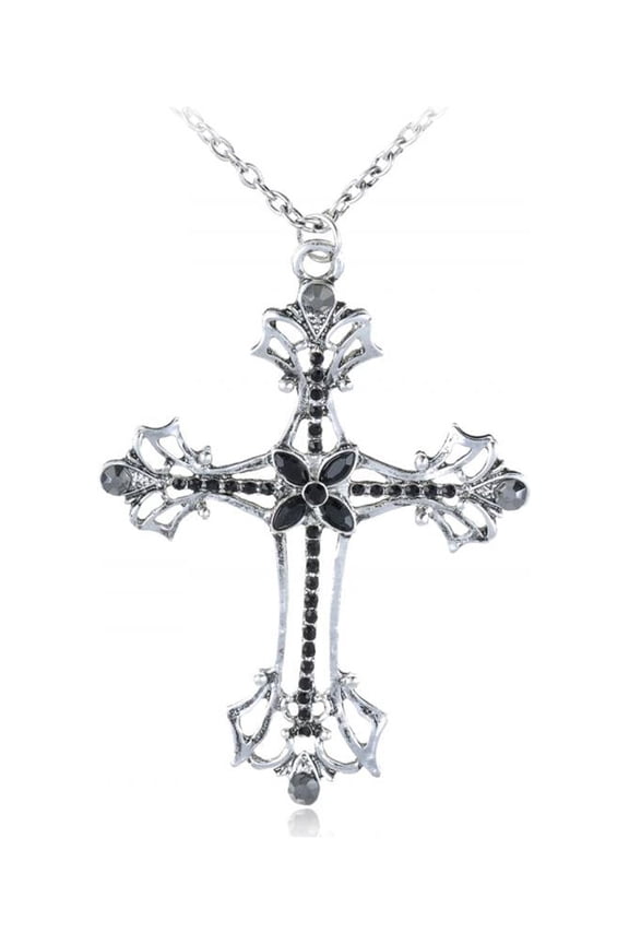 Abstract Flourish Floral Accented Holy Cross Silver Tone Fancy Pendant Necklace