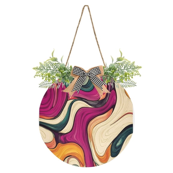 Abstract Flow Front Door Porch Decoration Hanging Sign with Artificial Green Plants and Bow for Home Outdoor Indoor