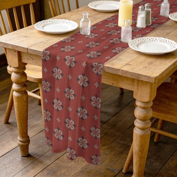 Abstract Flower 10ft Cheesecloth Table Runner for Wedding 27"x120", Vintage Geometric Dark Red Diamond Shaped Floral Kitchen Dinner Sheer Tulle Chiffon Dresser Scarf, Holiday Party Decorations