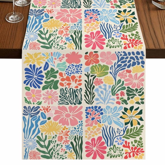 Abstract Flower 60 Inch Table Runner, Coolorful Wildflower Darden Floral Farmhouse Dresser Scarf Cotton & Linen Tablerunner for Dining/Kitchen Island/Holiday Party Décor 13" x 60"