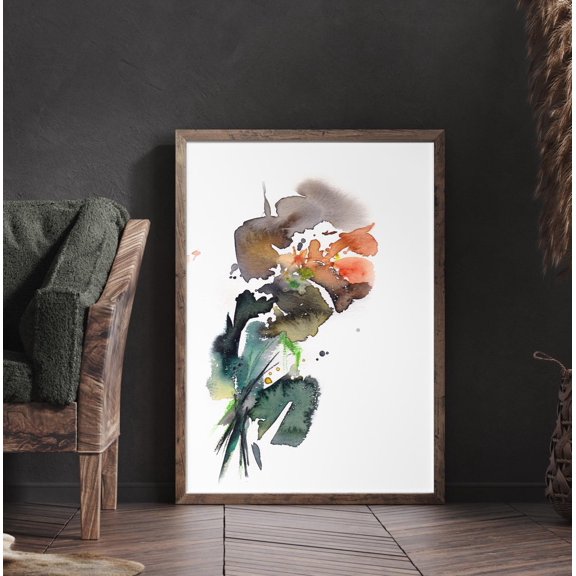 Abstract Flower Art Print Emerald Green And Orange Colors Wall Decor Floral Abstract Botanical Wall Fine Art Print