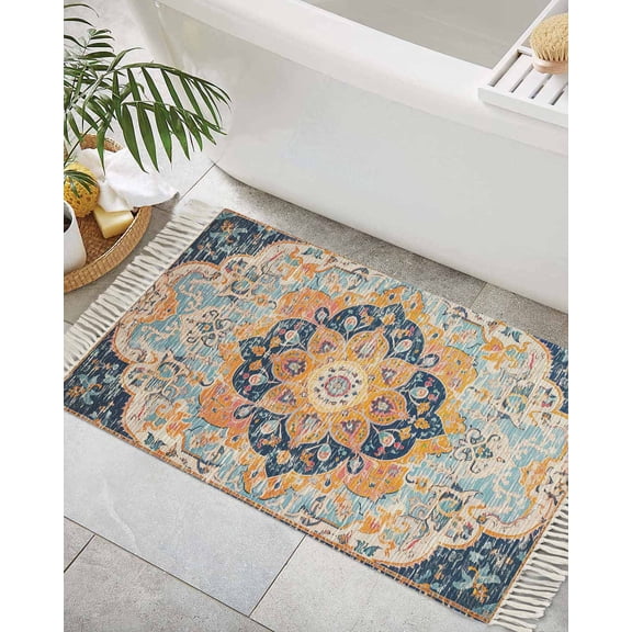 Abstract Flower,Bath Rug 2x3ft Woven Bathroom Entryway Runner Rug,Boho Vintage Colorful Native Print Washable Living Room Hallway Bedroom Kitchen Carpet with Tassels,Indoor Outdoor Throw Doormat