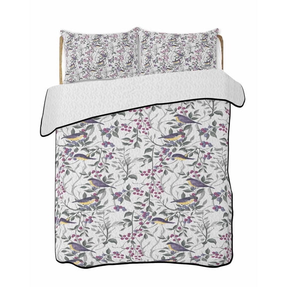 Abstract Flower Bird 3 Pieces Quilt Set, 1 Quilt with 2 Shams, Vintage Watercolor Purple Floral Bird Wild Leaf Plant Bedspread Soft Lightweight Bedding Coverlet Comforter Set for All Season 78"x90"