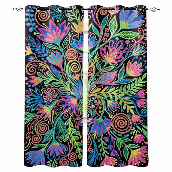 Abstract Flower Blackout Curtains for Bedroom, Spring Colorful Floral Leaf Plant Thermal Insulated Kitchen Drapes with Grommets, Light Blocking Window Treatment, 2 Panels 52" x 90"