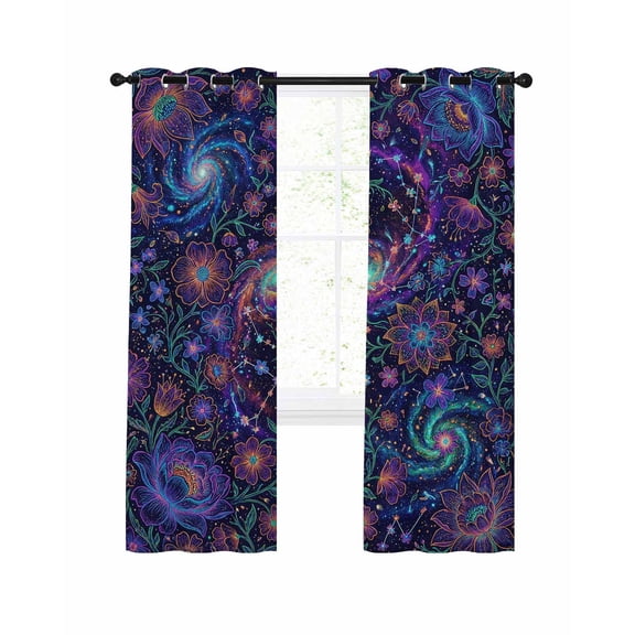 Abstract Flower Blackout Curtains, Light Blocking Print Window Curtains, Blue Purple Stars Sky Floral Leaf Thermal Insulated Window Drapes for Living Room Kitchen Cafe 2 Panels, 55"W x 39"L