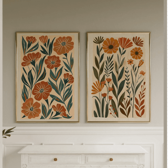 Abstract Flower Boho Botanical Poster Set 2 Prints Set 2 , Poster Only