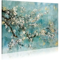 Abstract Flower Canvas Wall Art: Dogwood Bloom Artwork Beautiful Teal Tree Gallery Painting White Floral Elegant Picture Contemporary Botanical Print for Living Room Bedroom Office