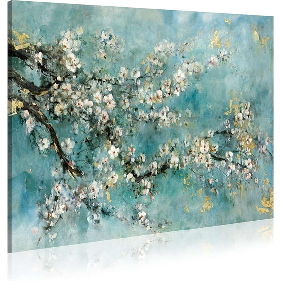 Abstract Flower Canvas Wall Art: Dogwood Bloom Artwork Beautiful Teal Tree Gallery Painting White Floral Elegant Picture Contemporary Botanical Print for Living Room Bedroom Office