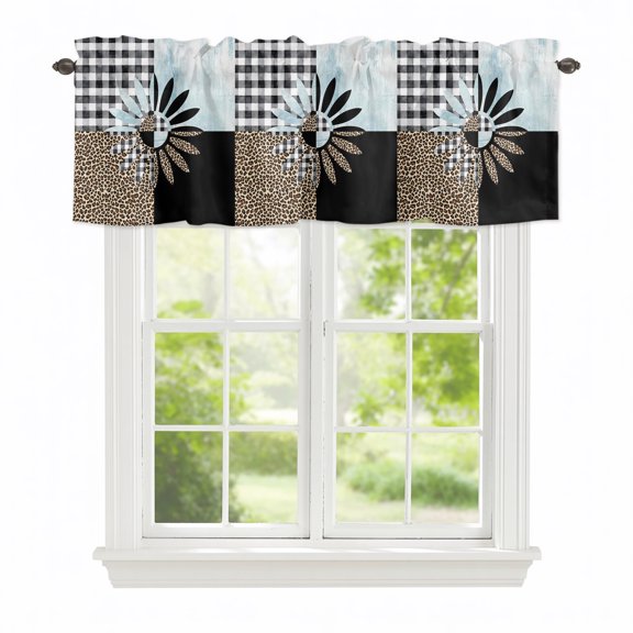 Abstract Flower Collage Window Valance Curtain Black White Leopard Blue Daisy Rod Pocket Valance for Windows Short Curtain for Living Room, Bedroom & Kitchen Window Decor 42x12in