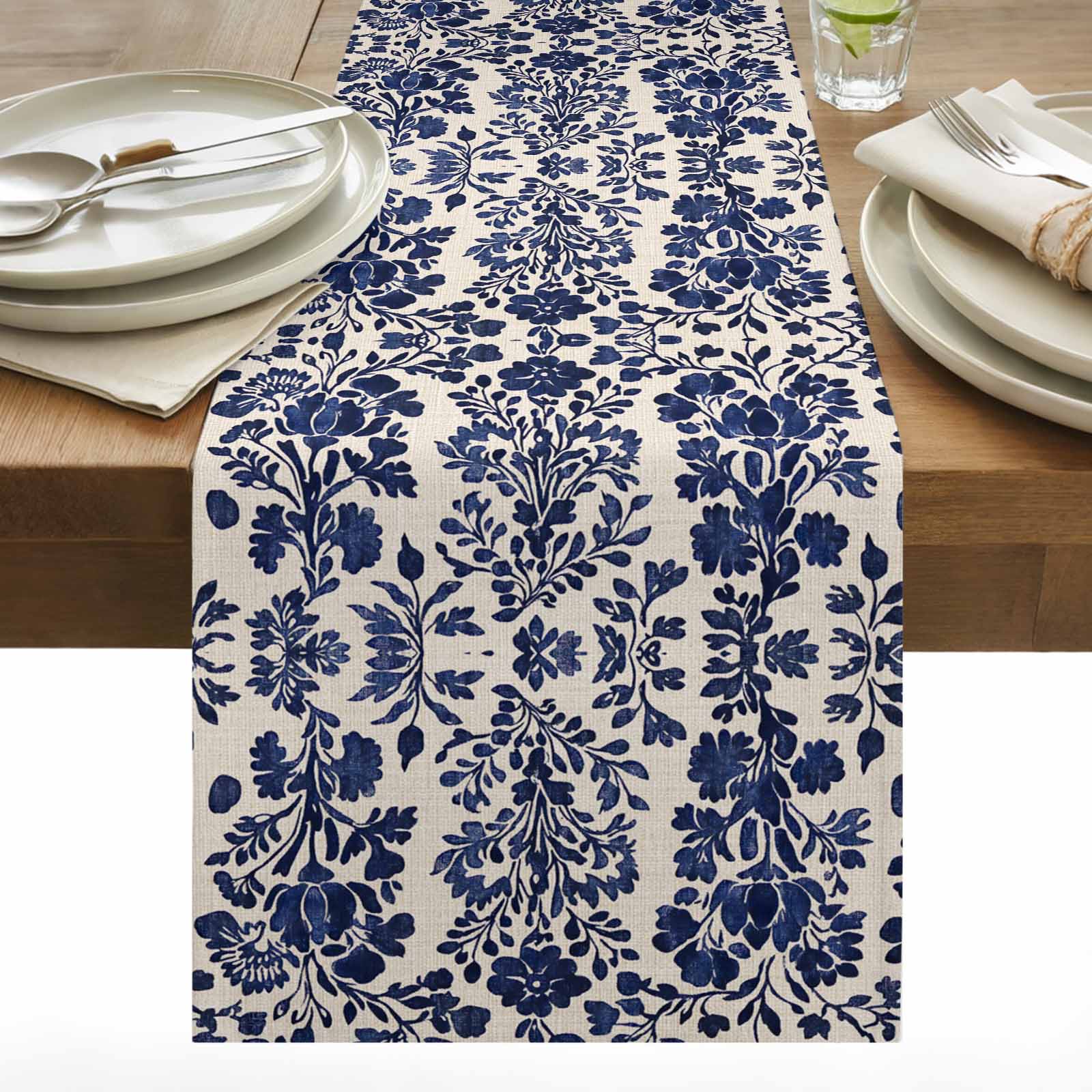 Abstract Flower Cotton Linen Table Runner Spring Abstract Blue Floral ...