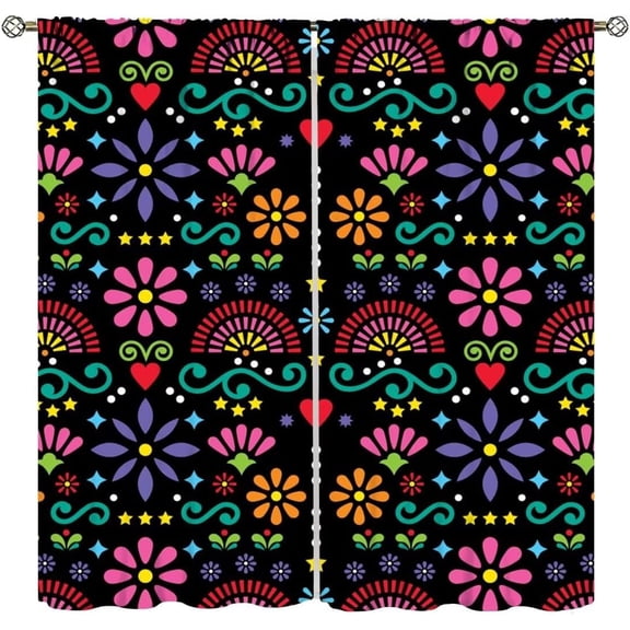 Abstract Flower Curtains,Colorful Boho Mexican Folk Art Floral Print Darkening Window Treatments for Bedroom Living Room Kitchen Window Drapes 2 Panels Set,Total Size 63 x 63 Inch