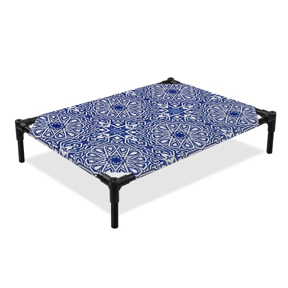 Abstract Flower Elevated Dog Bed, Moroccan Traditional Geometric Vintage Ethnic Texture Cooling Breathable Outdoor Raised Dog Cot Bed with Metal Frame Non-Slip Feet for Large Dog 28x22in