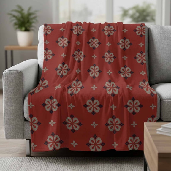 Abstract Flower Fleece Throw Blanket Vintage Geometric Dark Red Diamond Shaped Floral Ultra Soft Fuzzy Cozy Flannel Throw Blanket for Couch Sofa Bed Car Travel, Ideal Gifts 30x40 Inches