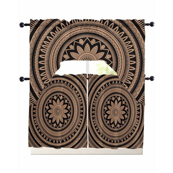 Abstract Flower Geometric 3 Piece Swag Kitchen Curtains Set Gold Black Boho Circle Valance and Tier Curtains 24 In Long, 56" x 36" Window Topper for Cafe Bathroom Bedroom