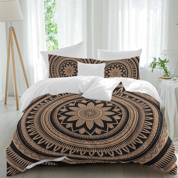 Abstract Flower Geometric Queen Size Comforter Set, Gold Black Boho Circle Bedding for All Seasons, 4 Pcs Bed Set, 1Quiltcover (90"x92") ,1Sheet(94"x116"), 2Pillowcases (30"x20")