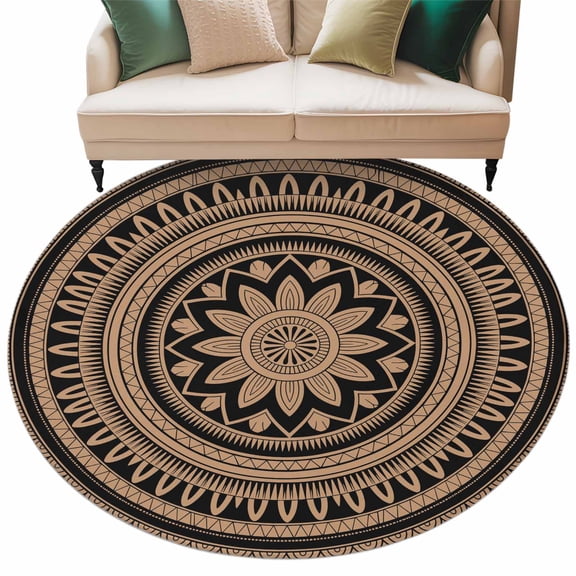 Abstract Flower Geometric Washable Round Area Rug 7 ft, Gold Black Boho Circle , Soft Non Slip Rugs Stain Repellent Indoor Felt Carpet for Living Dining Room Bedroom Home Office