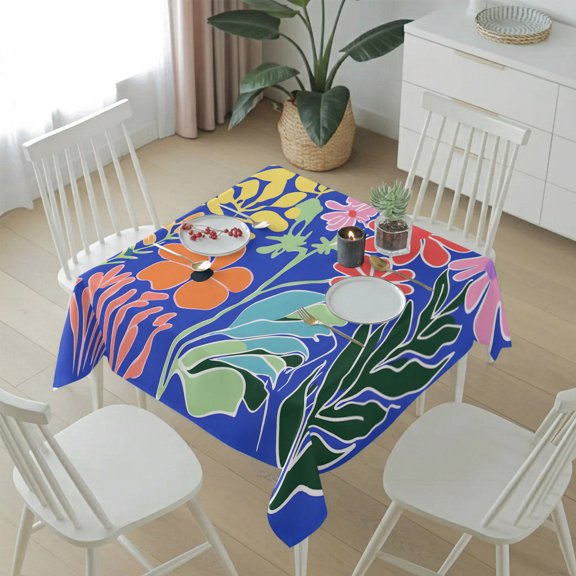 Abstract Flower Grass Pattern Table Cloth 54x54in, Waterproof Square Tablecloth Wipeable Tablecloths Colorful Plant on Blue Table Covers for Dining Tables Party Indoor Outdoor