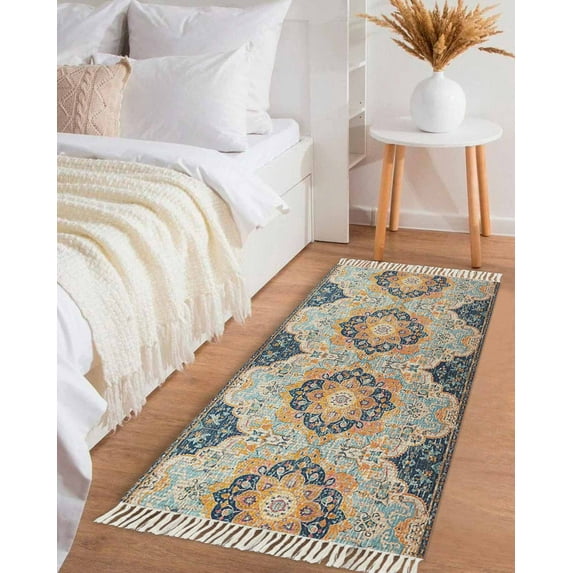 Abstract Flower,Hallway Runner Rug 2x6ft,Boho Vintage Colorful Native Print Washable Woven Living Room Bedroom Kitchen Bathrom Carpet with Tassels,Indoor Outdoor Throw Door Mat for Entryway