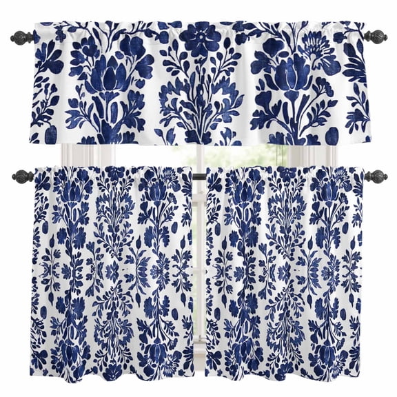 Abstract Flower Kitchen Curtains Set for Windows, Spring Abstract Dark Blue Floral Vintage Curtains Valance and Tier 3 Piece Set Small Drapes 24 Inch Length for Kitchen Bedroom Decor