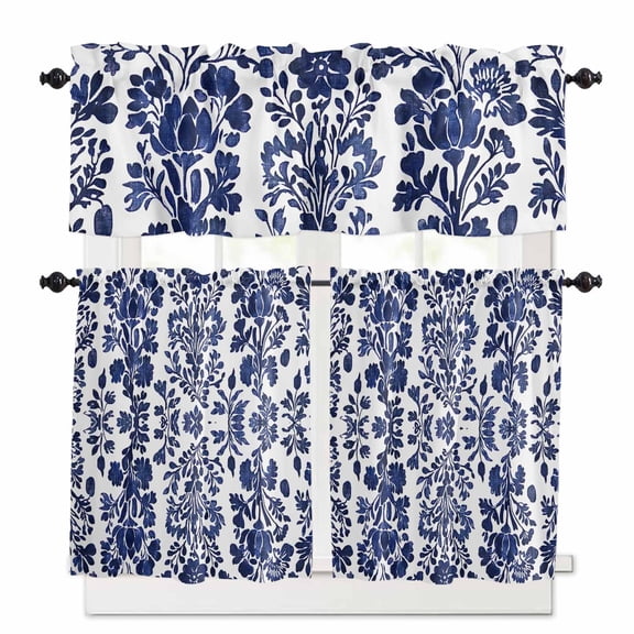 Abstract Flower Kitchen Curtains Valances and Tiers Set of 3 Spring Abstract Dark Blue Floral Vintage Tier Curtains and Valance for Kitchen Bathroom Small Windows 27.5"W x 36"L (Pack of 3)