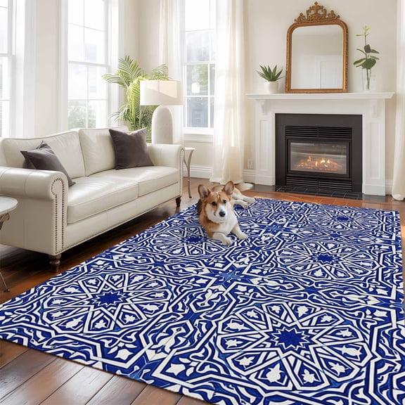 Abstract Flower Large Area Rugs 5x8 ft Moroccan Traditional Geometric Vintage Ethnic Texture Washable Rug Non Slip Indoor Carpet Absorbent Floor Mat for Living Room Bedroom Dining Room