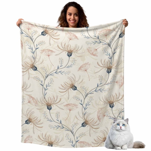 Abstract Flower Leaves Classical Floral Throw Blanket Flannel Fleece Throws, Country Wildflower Lightweight Super Soft Warm Blankets for Couch Sofa Bed All Season Use, 40x50 in