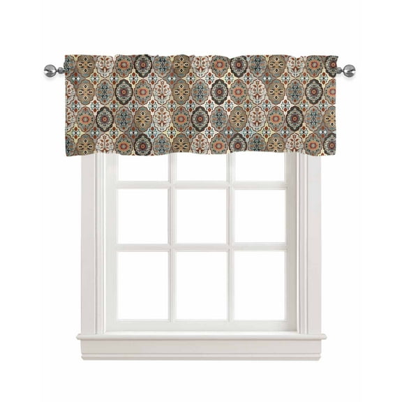 Abstract Flower Linen Curtain Valance for Bedroom/Bathroom/Kitchen/Office/Living/Dining Room Windows,Oriental Bohemia Brown Geometric Leaves Pocket Topper Drapes Decorative Cafe Drapery Panel 54x18