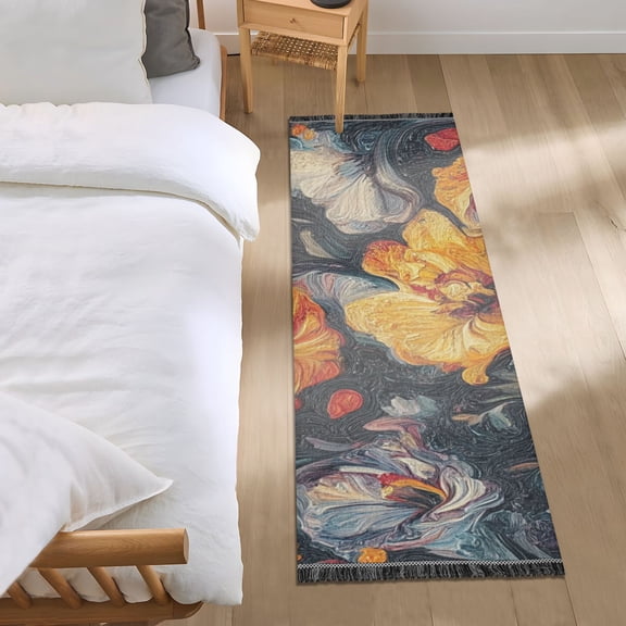 Abstract Flower Oil Painting Bedroom Runner Rug 2'x 6' Non Slip Carpet Indoor Home Area Rug Living Room