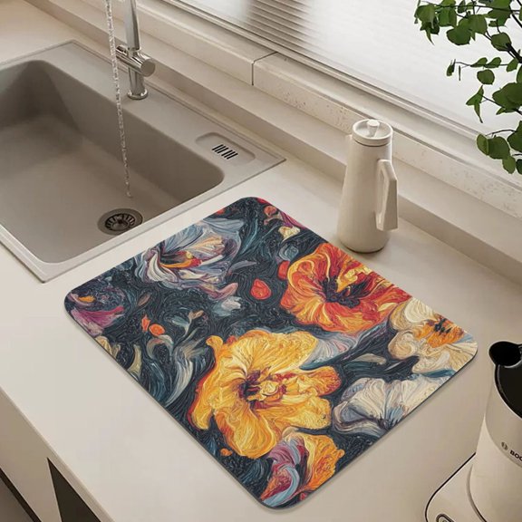 Abstract Flower Oil Painting Dish Drying Mat for Kitchen Counter Absorbent Drainer Mats (15.7X11.8Inch)
