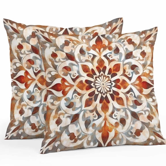 Abstract Flower Outdoor Pillow Covers Pack of 2 Retro Red Brown Flower Ethnic Style Waterproof Throw Pillow Covers Decorative Cushion Cases for Patio Garden Tent Balcony Couch 18x18 inch