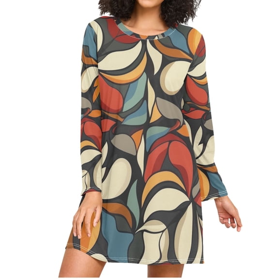 Abstract Flower Patterns Women's Long Sleeves Nightgowns Sleepwear Soft Pajama A-line Sleep Dress M