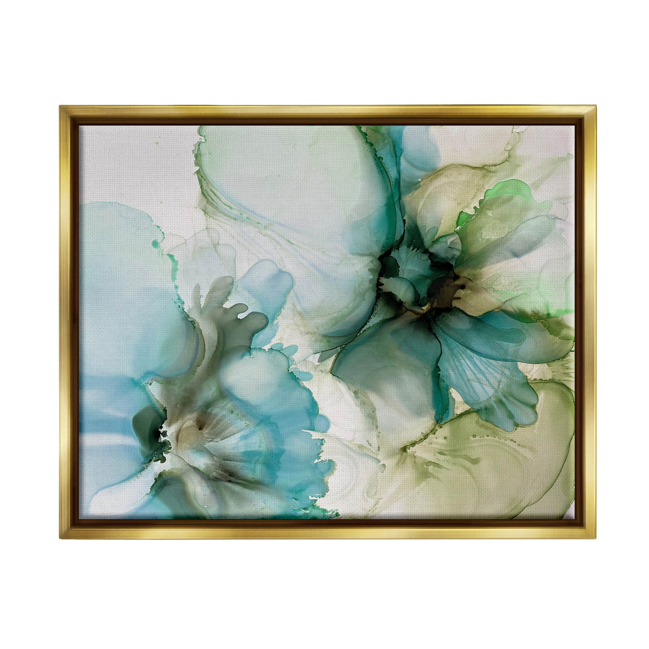 Abstract Blue and Green Flower Petals Canvas Art with Gold Frame