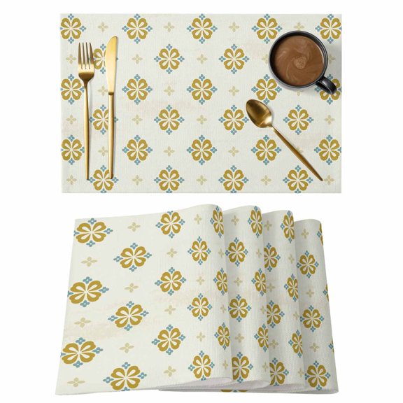 Abstract Flower Placemats Set of 1, Vintage Geometric Yellow Diamond Shaped Floral Non-Slip Place Mats Washable Table Mats for Kitchen Dining Table Decorations Indoor/Outdoor