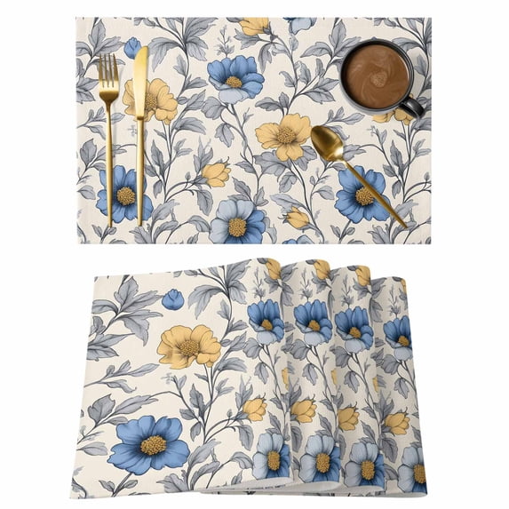 Abstract Flower Placemats Set of 12, Vintage Blue Yellow Floral Non-Slip Place Mats Washable Table Mats for Kitchen Dining Table Decorations Indoor/Outdoor