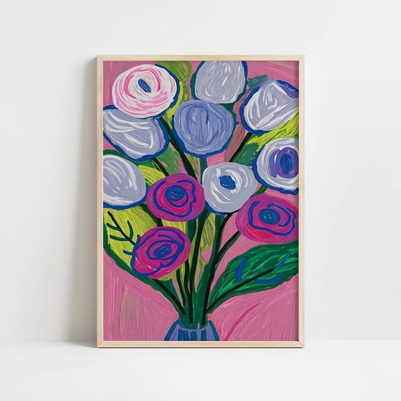 Abstract Flower Print Maximalist Pink Floral Bouquet, Unframed Paper Print Size 8x12