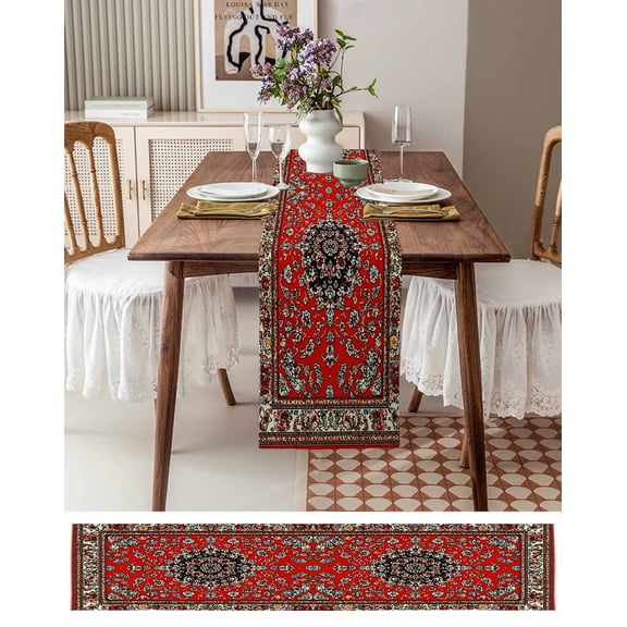 Abstract Flower Retro Ethnic Style Table Runner 13x72in Non-Slip Cotton Linen Table Runners, Burgundy Red Dresser Scarves TableRunner for Dinner Kitchen Dining Wedding Party