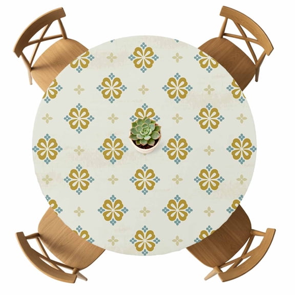 Abstract Flower Round Table Cover, Vintage Geometric Yellow Diamond Shaped Floral Waterproof Fitted Tablecloths for 36"-44" Tables, Washable Picnic Table Cover for Camping Dining Indoor Outdoor