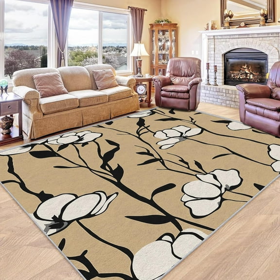 Abstract Flower Rug Washable Floral Rugs For Living Room Bedroom, White Black Tan Area Rug For Home Decor, Non Slip Backing Floor Carpet 4x5ft