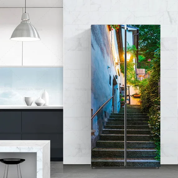 Abstract Flower Seaside Fridge Wallpaper Stickers Waterproof PVC Refrigerator Door Cover Wall Art Mural Landscape Mural Sticker