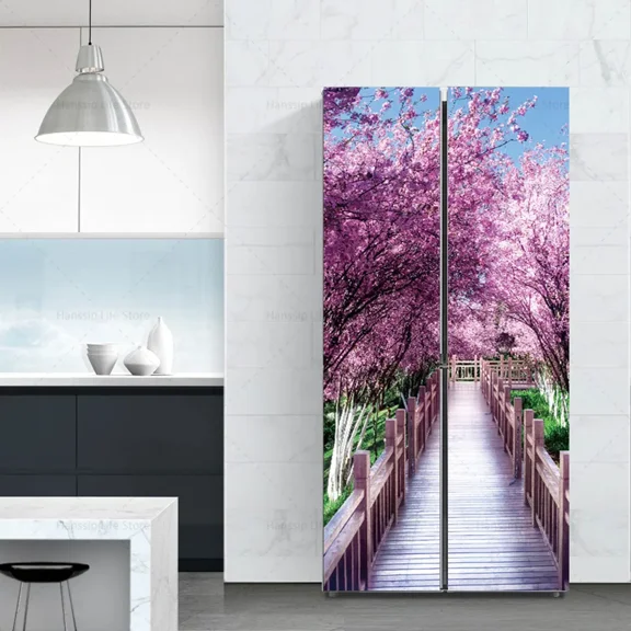 Abstract Flower Seaside Fridge Wallpaper Stickers Waterproof PVC Refrigerator Door Cover Wall Art Mural Landscape Mural Sticker