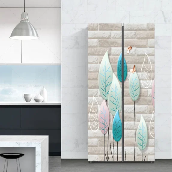 Abstract Flower Seaside Fridge Wallpaper Stickers Waterproof PVC Refrigerator Door Cover Wall Art Mural Landscape Mural Sticker