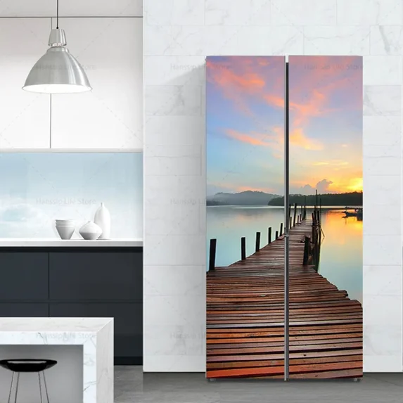 Abstract Flower Seaside Fridge Wallpaper Stickers Waterproof PVC Refrigerator Door Cover Wall Art Mural Landscape Mural Sticker