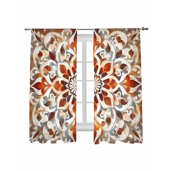 Abstract Flower Sheer Curtains 2 Panels Set Retro Red Brown Flower Ethnic Style Lihgt Filtering Rod Pocket Voile Drape, Semi Sheer Window Curtains for Bedroom Living Room, 52"x72"