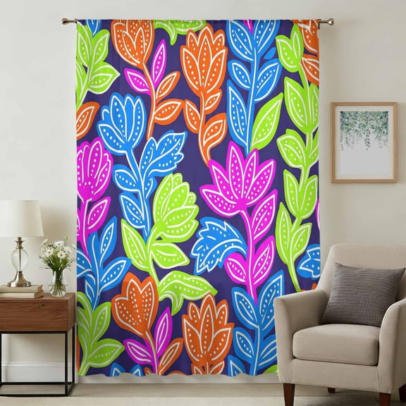 Abstract Flower Sheer Curtains 45 Inches Long for Bedroom, Spring Colorful Botanical Floral Leaf Light Filtering Privacy Drapes, Breathable Semi Sheer Short Window Treatment for Kitchen Cafe Bathroom