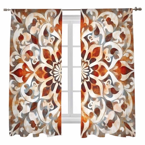 Abstract Flower Sheer Curtains 63 inches Long 2 Panels Set Retro Red Brown Flower Ethnic Style Sheer Window Curtain Rod Pocket Voile Drapes for Living Room/Bedroom, Each 52" W x 63" L