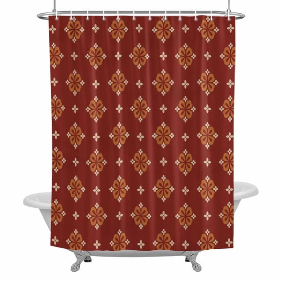 Abstract Flower Shower Curtain for Bathroom, Vintage Geometric Red Diamond Shaped Floral Waterproof Cloth Fabric Bathroom Accessories Set with 12 Rust Proof Plastic Hooks, 36"x72"