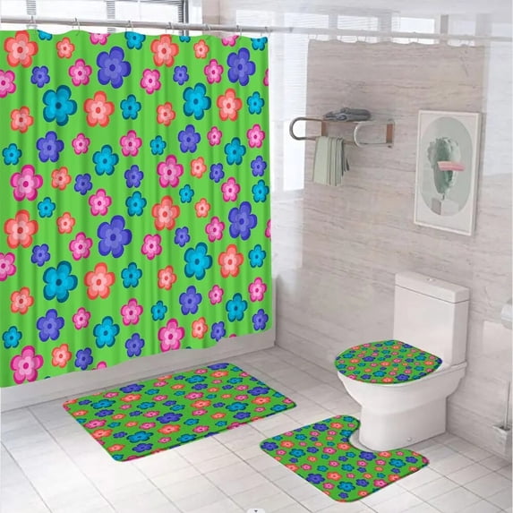 Abstract Flower Shower Curtain Set Non-Slip Rugs Bath Mat Toilet Lid Cover Bohemia Floral Geometric Art Bathroom Decor Curtains