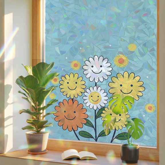 Abstract Flower Sketch Smile Face Window Privacy Film, Rainbow Film Decorative Window Sticker 17.7x39.3in, Floral Texture Polka Dot on Teal Sun Blocking Static Stained Glass Cling Tint Non-Adhesive