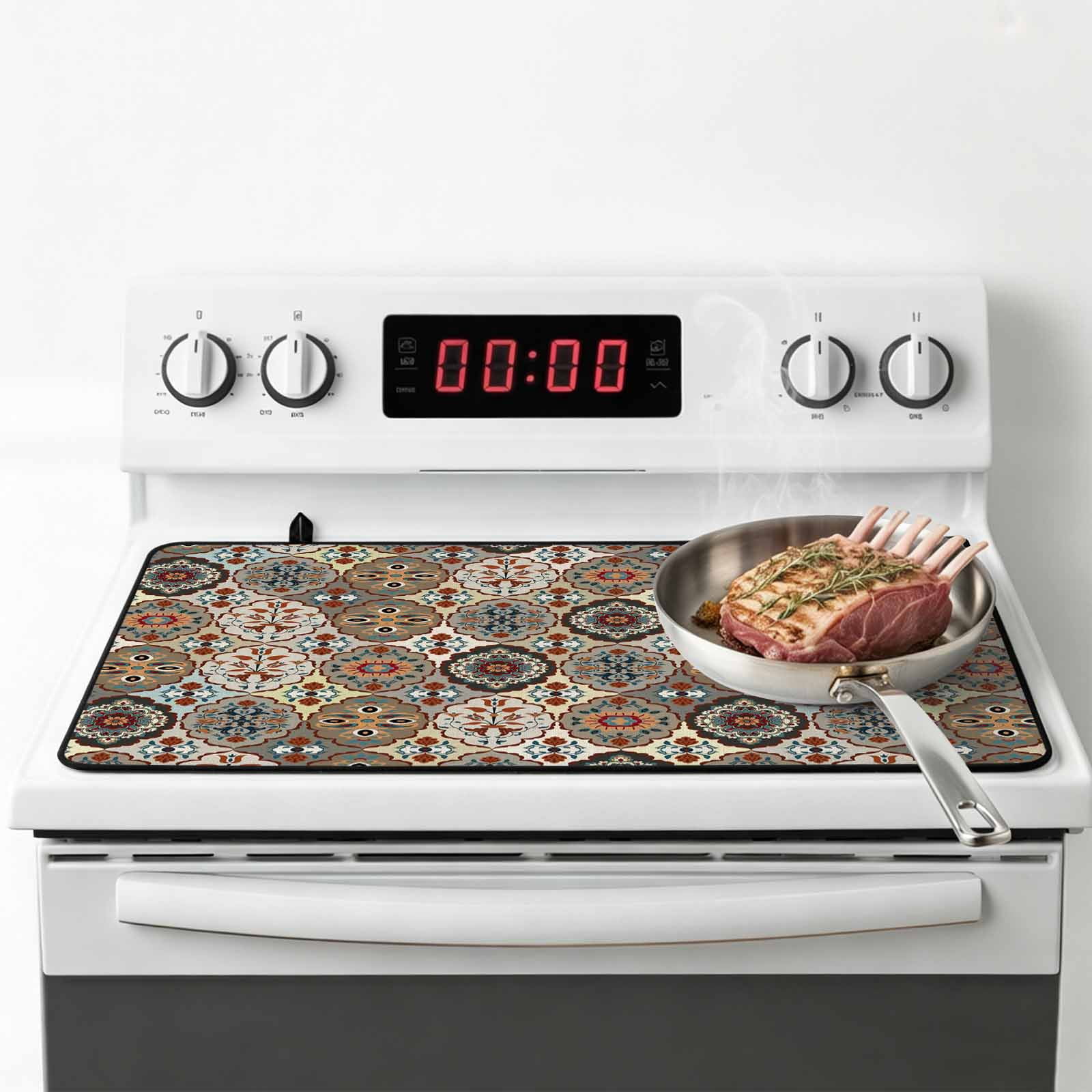 Abstract Flower, Stove Top Cover for Electric Stove, Heat-proof & Non Slip Glass Top Stove Cover Protector, Oriental Bohemia Brown Geometric Leaves Kitchen Flat Cooktop Rubber Mat 24x21 Inches