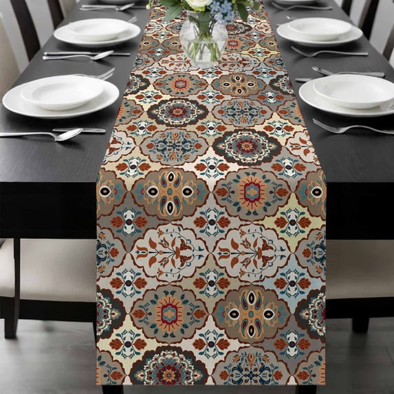Abstract Flower, Table Runner 60 Inches Long, Oriental Bohemia Brown Geometric Leaves Kitchen Coffee Dining Table Decoration for Home Party Birthday Wedding Home Decor 13x60 Inches